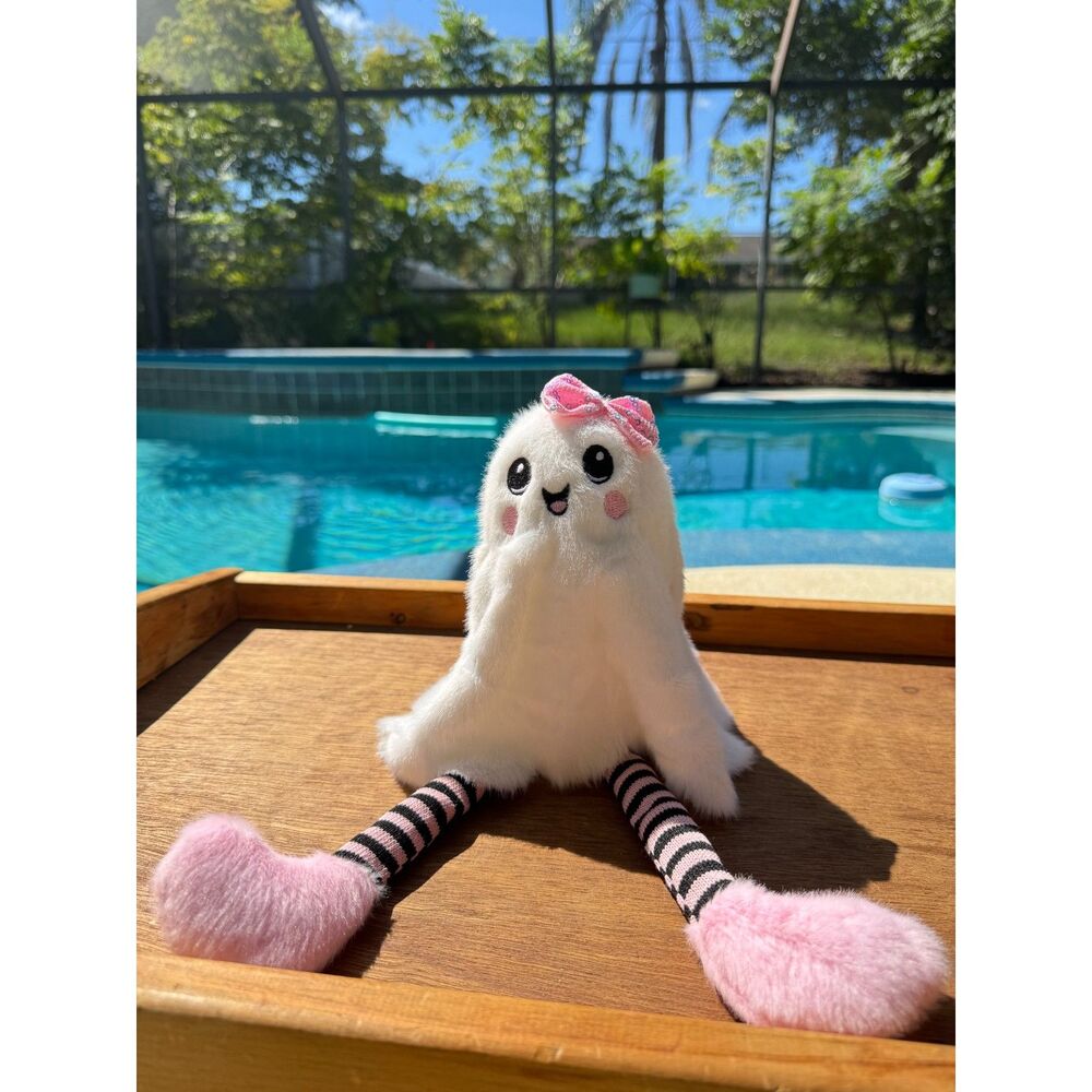 NEW NWT Halloween Mini Gnome & Friends Ghost Plush 13.8" White Pink Bow Decor